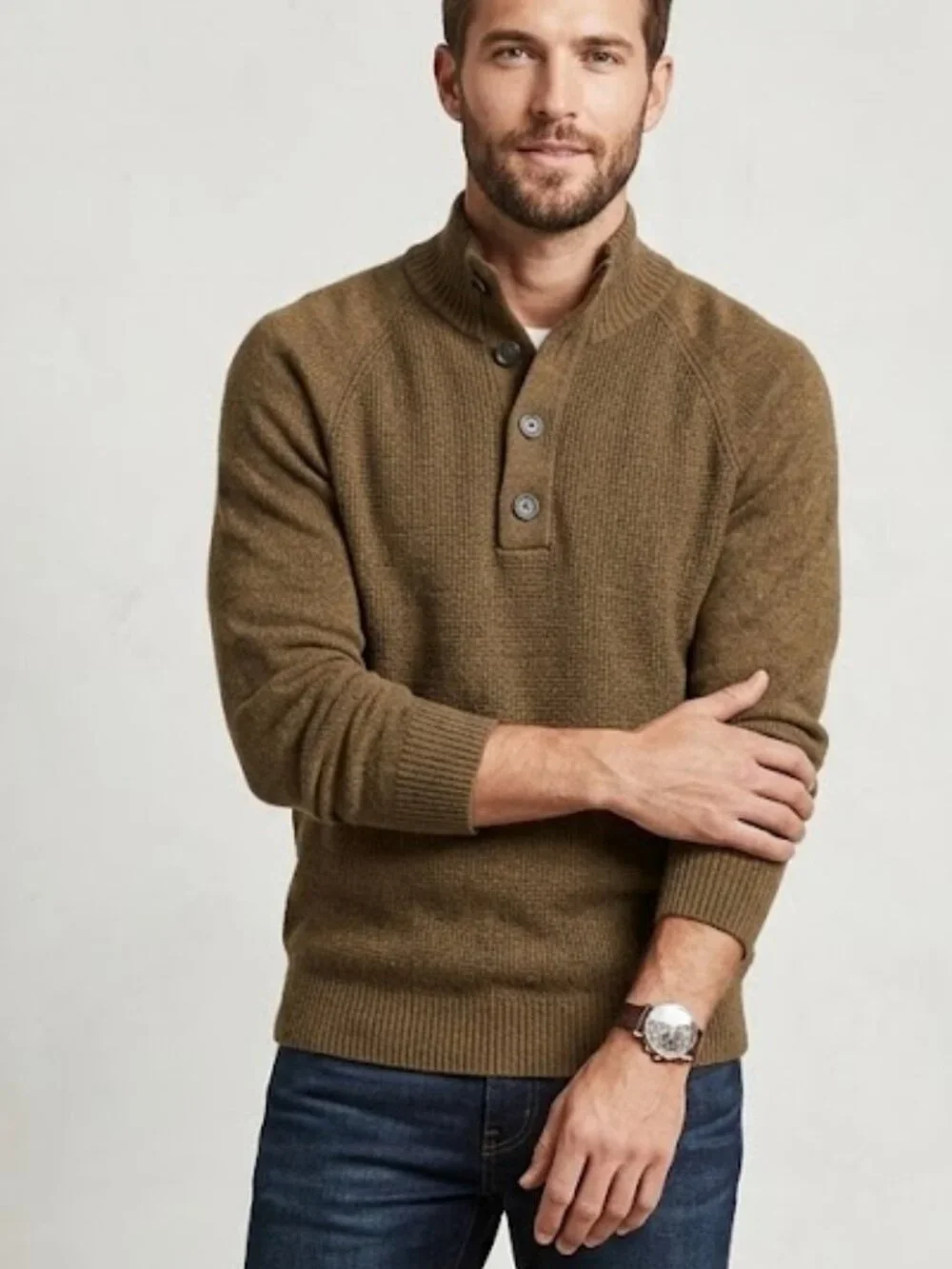 Banana Republic New Heathered Olive green Button Mock neck Men's L sweater